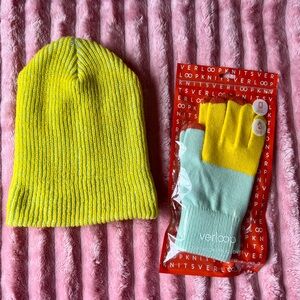 Verloop Yellow Neon Grid Beanie and Colorblock Gloves Set